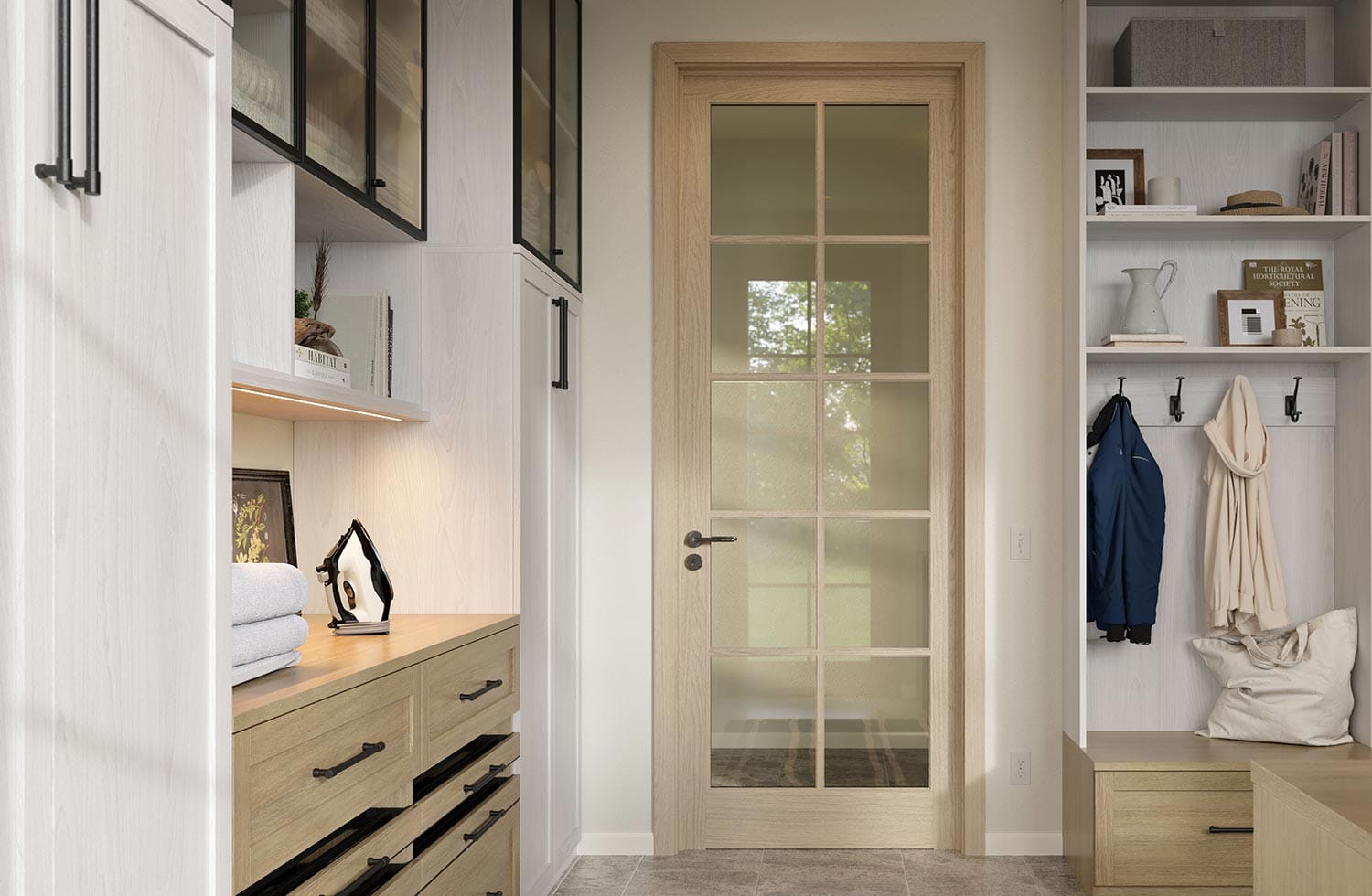 Custom laundry room accessories with storage cabinets in a light wood finish by Claifornia Closets